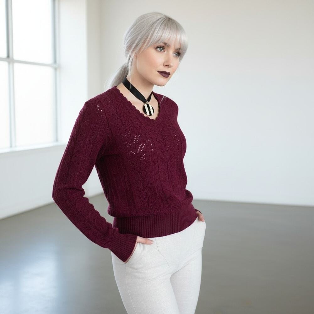 Vintage 80s Burgundy Crochet Knit Sweater Medium, Open Weave Ribbed Trim Top - Picture 10 of 16